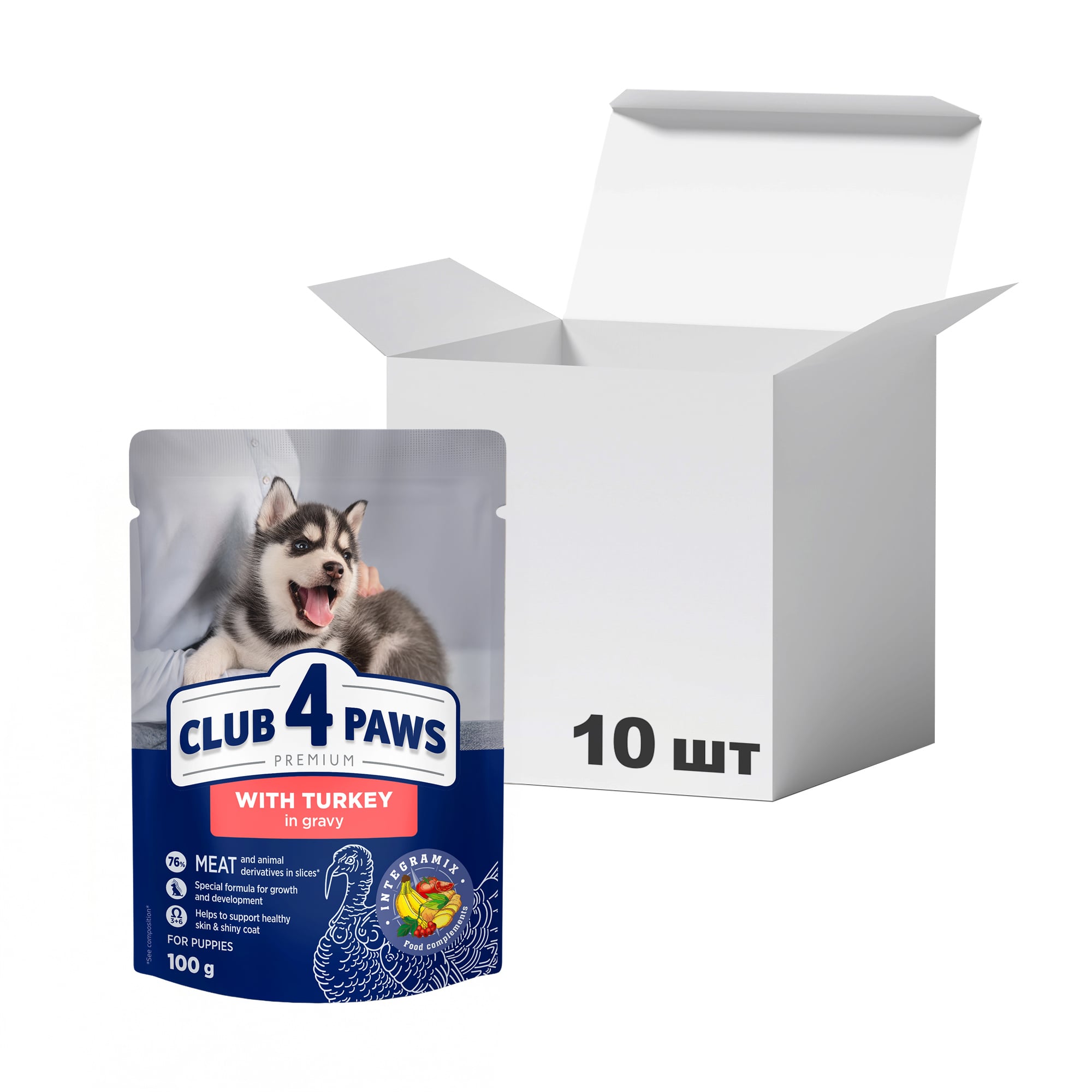 Упаковка вологого корму для цуценят Club 4 Paws Premium з індичкою в соусі, 100 г * 10 шт